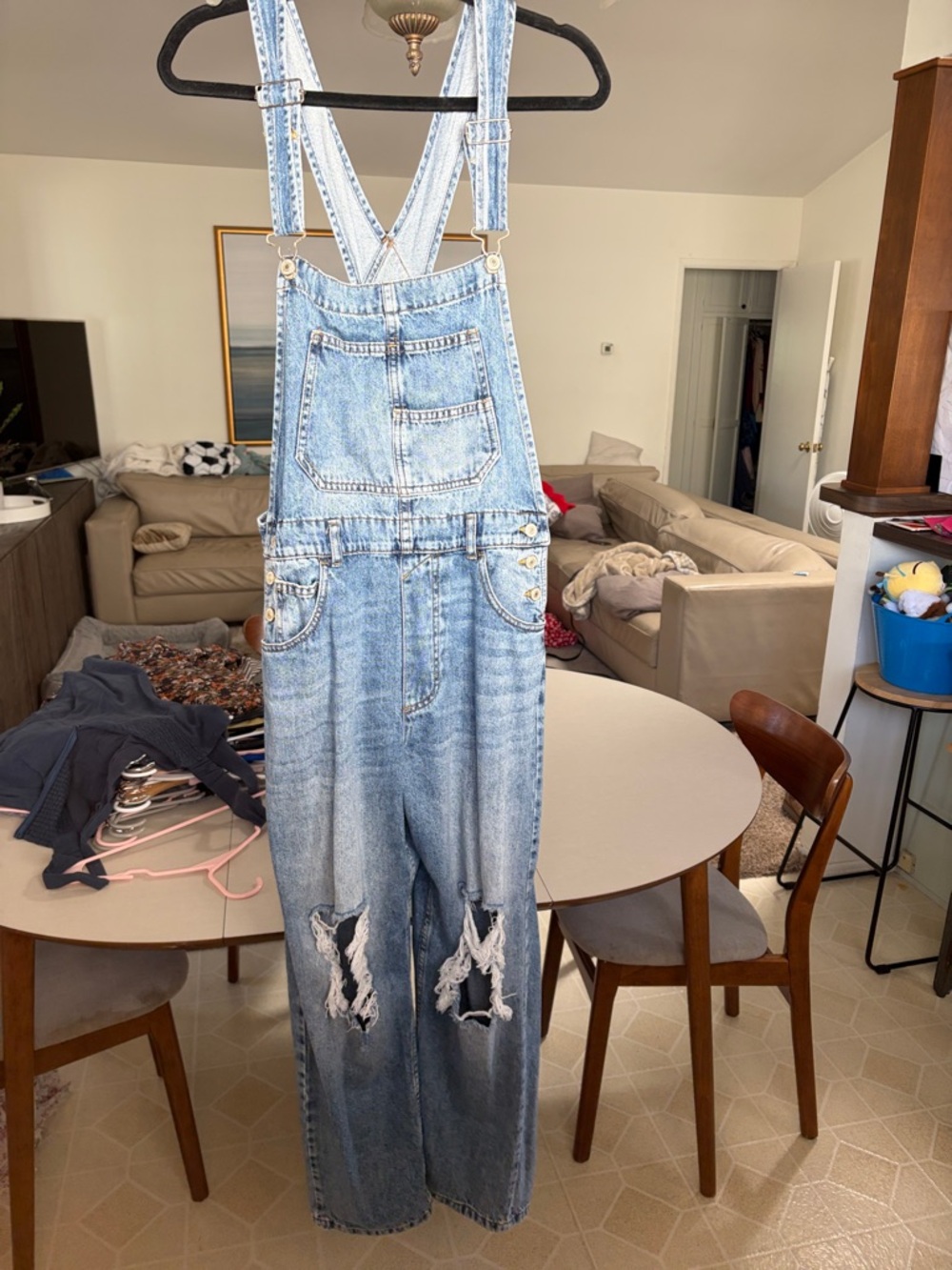 Free People Light Blue Distressed Denim Overalls